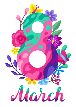 Greeting card for International Womens Day celebration. 8th March background with flowers in trendy style.のイラスト素材