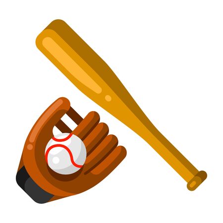 Icon of baseball glove, ball and bat in flat style. Stylized sport equipment illustration.のイラスト素材