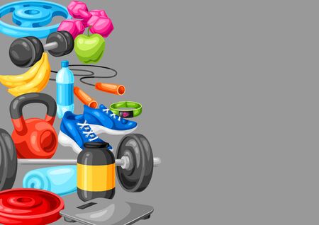 Background with fitness equipment. Sport bodybuilding items illustration. Healthy lifestyle concept.のイラスト素材