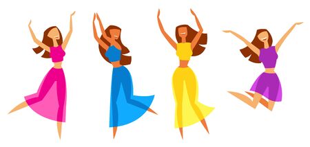 Illustration of happy dansing girls. Colored stylized figures.のイラスト素材