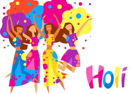 Happy dansing girls throw paint. Poster for Holi color festival.のイラスト素材