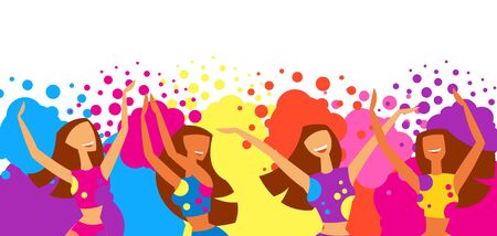 Happy dansing girls throw paint. Poster for Holi color festival.のイラスト素材