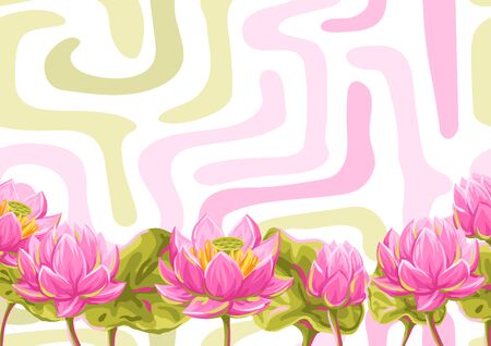 Background with lotus flowers. Water lily decorative illustration. Natural tropical plants.のイラスト素材