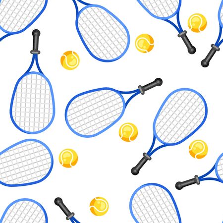 Seamless pattern with tennis rackets and balls in flat style. Stylized sport equipment background.のイラスト素材