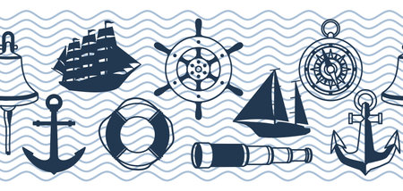Seamless pattern with symbols and items. Marine retro decorative background.