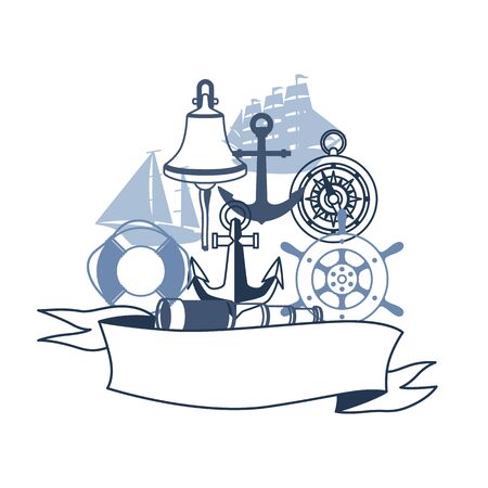 Background with nautical symbols and items. Marine retro decorative illustration.のイラスト素材