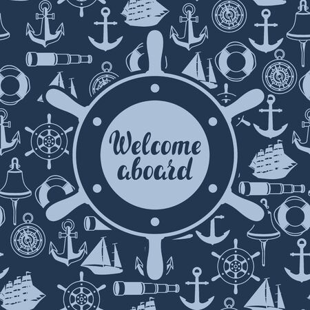 Background with nautical symbols and items. Marine retro decorative illustration.のイラスト素材