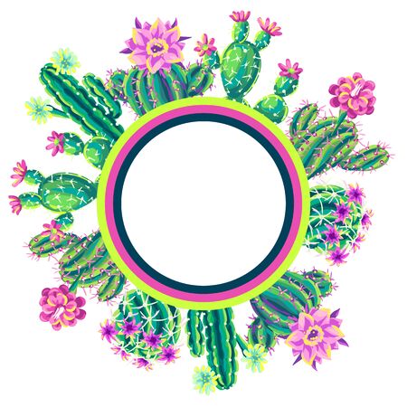 Background with cacti and flowers. Decorative spiky flowering cactuses in hand drawn style.のイラスト素材
