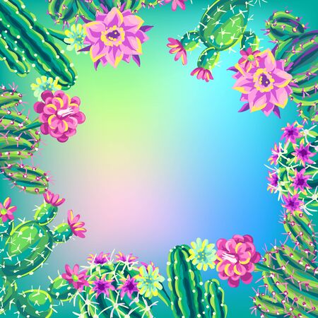 Background with cacti and flowers. Decorative spiky flowering cactuses in hand drawn style.のイラスト素材