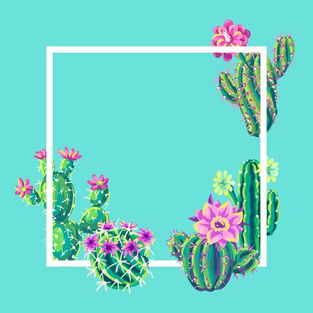 Background with cacti and flowers. Decorative spiky flowering cactuses in hand drawn style.のイラスト素材