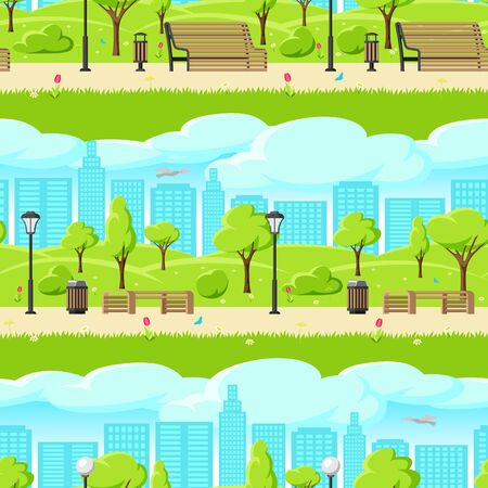 Seamless pattern with beautiful summer or spring city park. Urban public space with lawn and trees for walking and relaxing.のイラスト素材