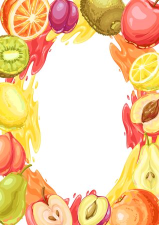 Frame with ripe fruits. Tropical vegetarian food decorative illustration.のイラスト素材