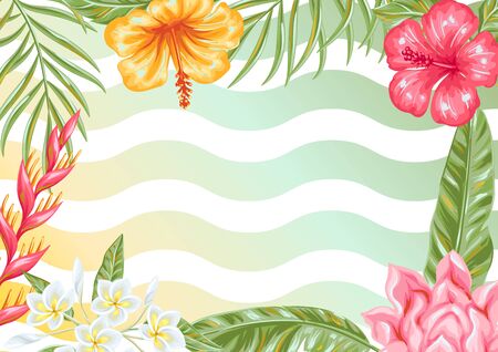 Tropical flowers and leaves. Decorative exotic foliage, palms and plants.のイラスト素材