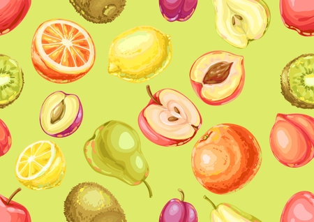 Seamless pattern with ripe fruits. Tropical vegetarian food decorative illustration.
