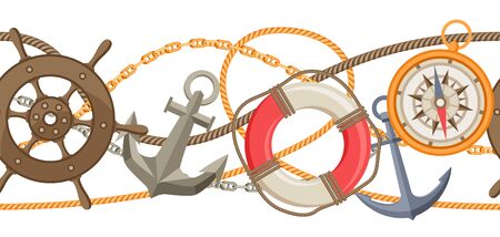 Nautical seamless pattern with sailing items, ropes and chains. Marine decorative background.のイラスト素材