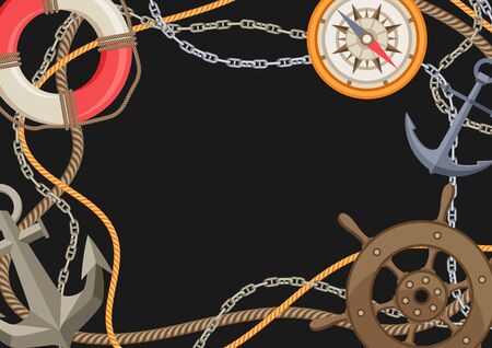 Nautical background with sailing items, ropes and chains. Marine decorative card.のイラスト素材