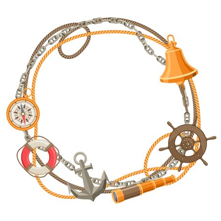 Nautical frame with sailing items, ropes and chains. Marine decorative card.のイラスト素材