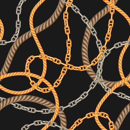 Seamless pattern with old chains and ropes. Nautical chain and string decorative background.のイラスト素材