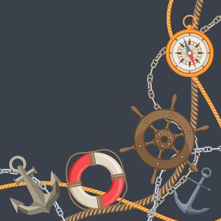 Nautical background with sailing items, ropes and chains. Marine decorative card.のイラスト素材