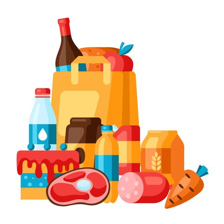 Supermarket illustration of food and package. Grocery background in flat style.のイラスト素材