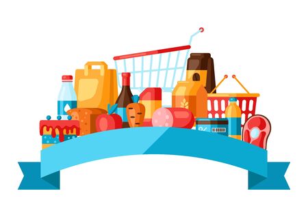 Supermarket background with food icons. Grocery illustration in flat style.のイラスト素材