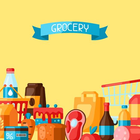 Supermarket background with food icons. Grocery illustration in flat style.のイラスト素材
