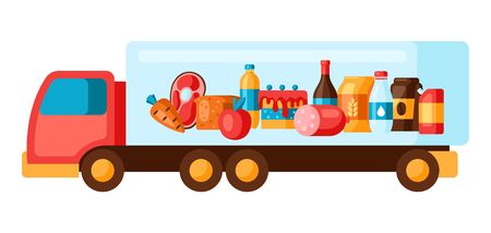 Illustration of truck with food. Delivery to grocery supermarket.のイラスト素材