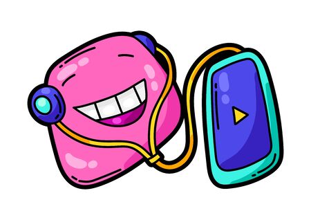 Illustration of cartoon funny character listening to music. Cute kawaii art in modern comic style.のイラスト素材