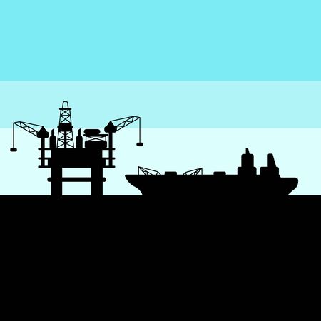Illustration of oil sea platform and tanker. Industrial and business landscape background.のイラスト素材