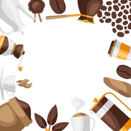 Background with coffee icons. Food illustration of beverage items. Design for coffee shop, bar and cafe.のイラスト素材