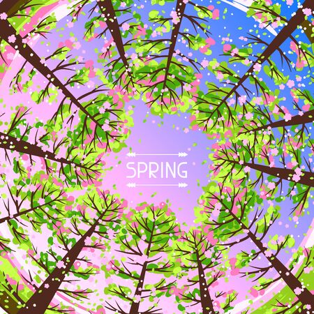 Spring forest background with stylized trees. Seasonal illustration.のイラスト素材
