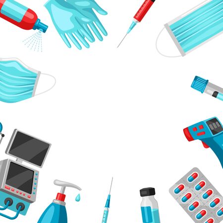 Background with medical equipment and protection. Health care, treatment and safety items.のイラスト素材