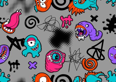Seamless pattern with cartoon monsters. Urban colorful teenage creative background. Evil creatures in modern comic style.のイラスト素材