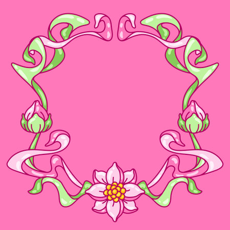 Frame with lotus flowers. Art Nouveau vintage style. Water lily decorative illustration. Natural tropical plants.のイラスト素材