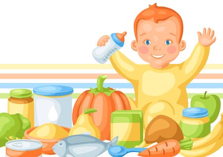 Background with cute little baby and food items. Healthy child feeding.のイラスト素材