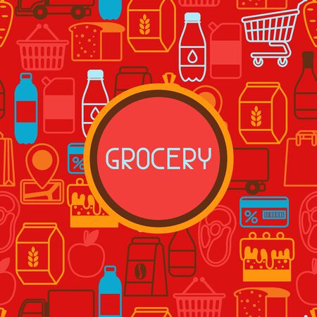 Supermarket background with food icons. Grocery illustration in flat style.のイラスト素材