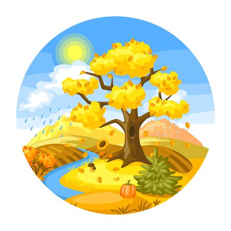 Autumn landscape with trees, mountains and hills. Seasonal nature illustration.のイラスト素材