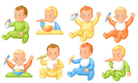 Set of cute little babies. Eating pretty children.のイラスト素材