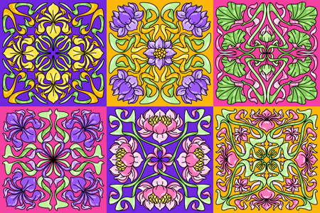 Art Nouveau ceramic tile pattern. Floral motifs in retro style. Vintage pottery with flowers and leaves.のイラスト素材