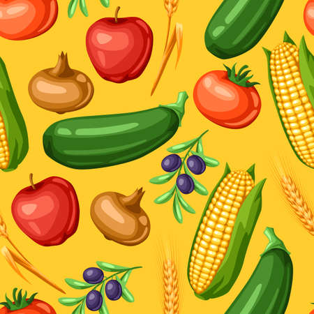 Harvest seamless pattern with fruits and vegetables. Autumn seasonal illustration.のイラスト素材