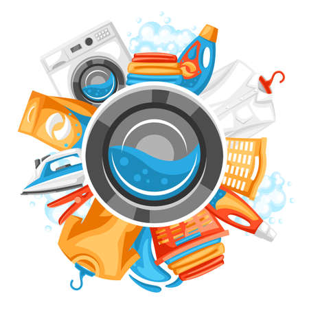 Laundry service background with professional items. Washing and cleaning illustration.のイラスト素材