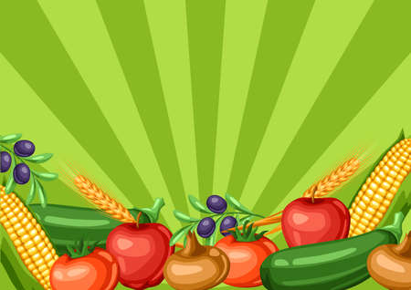 Harvest festival background with fruits and vegetables. Autumn seasonal illustration.のイラスト素材