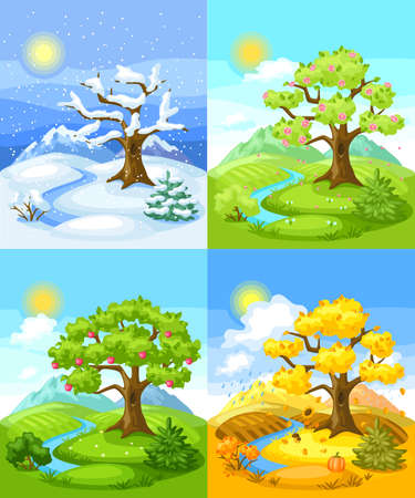 Four seasons landscape. Natural illustration with trees, mountains and hills in winter, spring, summer, autumn.のイラスト素材