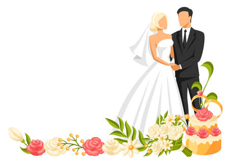 Wedding illustration of bride and groom. Married cute couple.のイラスト素材