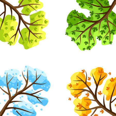 Four seasons trees background. Illustration of tree in winter, spring, summer, autumn.のイラスト素材