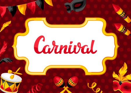 Carnival party background with celebration icons, objects and decor. Illustration for traditional holiday or festival.のイラスト素材
