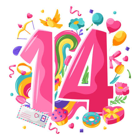 Happy Valentine Day greeting card. Holiday illustration with romantic items and love symbols.のイラスト素材