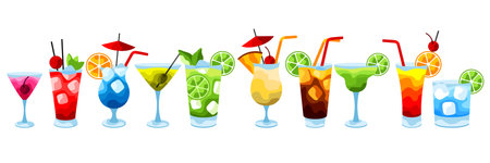 Alcohol cocktails icon set. Stylized image of alcoholic beverages and drinks.のイラスト素材