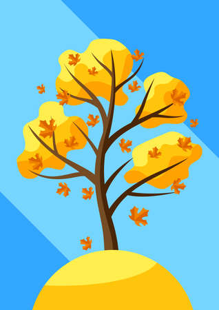 Autumn tree with falling leaves. Natural seasonal decorative illustration.のイラスト素材