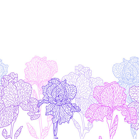 Seamless pattern with violet irises. Beautiful decorative stylized summer flowers.のイラスト素材